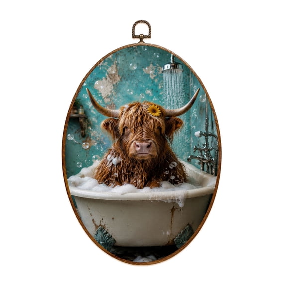 Canvas Wall Art Charming Highland Cow Bubble Bath Rustic Humorous Quote Vintage Oval Framed Canvas Prints Vintage Wall Hanging Decor for Home Decorations 8.6"x11.4"
