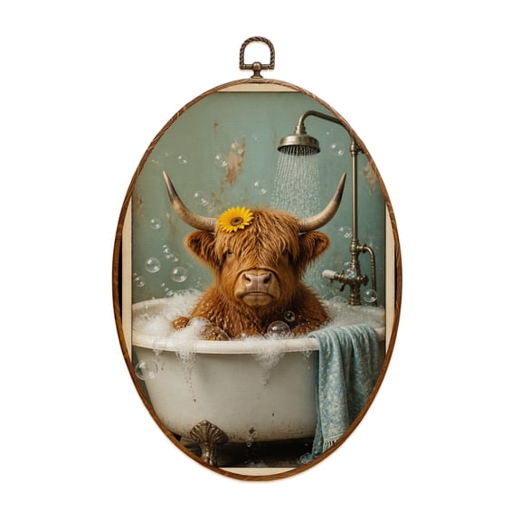 Canvas Wall Art Charming Highland Cow Bubble Bath Rustic Humorous Quote Vintage Oval Framed Canvas Prints Vintage Wall Hanging Decor for Home Decorations 8.6"x11.4"