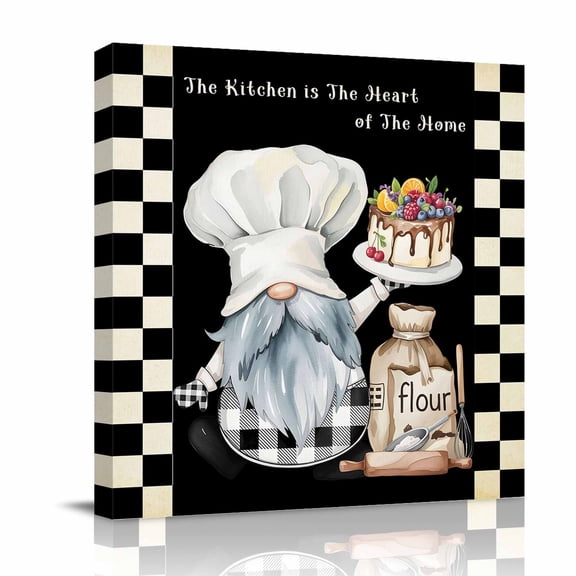 Canvas Wall Art, Chef Gnomes Framed Canvas Prints for Bathroom Kitchen, Black White Plaid Dessert Maker Cake Gallery Wrapped Wall Decor for Home Office, Gifts, 10"x10" Ship Next Day