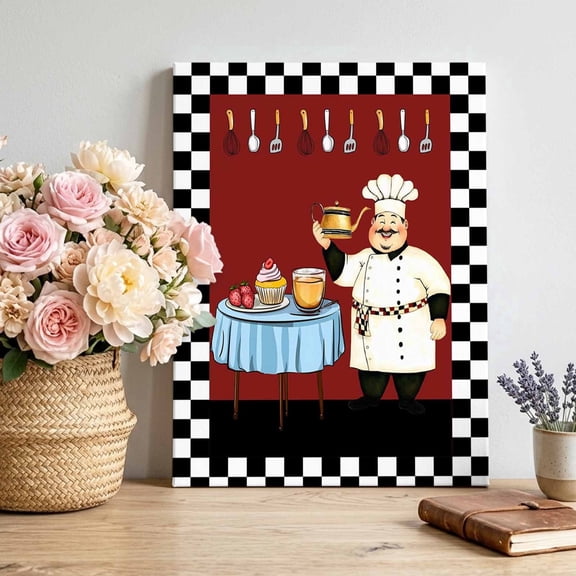 Canvas Wall Art Chef Kitchen Canvas Art Print Gourmet Black White Buffalo Plaid Pictures Wall Decor for Living Room Bedroom Artwork Decorations Stretched Framed Ready to Hang 24"x36"
