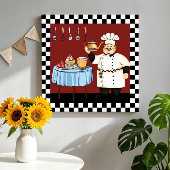 Canvas Wall Art Chef Kitchen Canvas Art Print Gourmet Black White Buffalo Plaid Pictures Wall Decor for Living Room Bedroom Artwork Decorations Stretched Framed Ready to Hang 16"x16"
