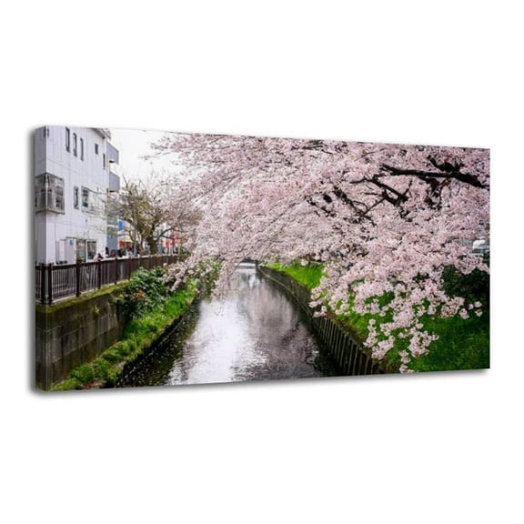 Canvas Wall Art Cherry Blossom by water Wall Decor for Living Room Bathroom Bedroom Office 30" x 60" Art Paintings, Ready to Hang