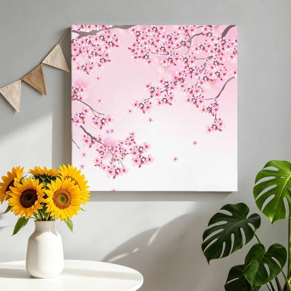 Canvas Wall Art Cherry Blossoms Canvas Art Print Spring Floral Pink Gradient Background Pictures Wall Decor for Living Room Bedroom Artwork Decorations Stretched Framed Ready to Hang 8"x8"
