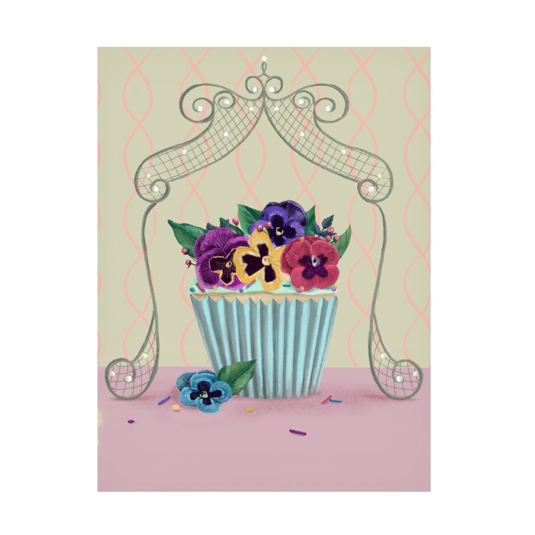 Canvas Wall Art - Christine Rotolo 'Birthday Cupcake with Pansies' Wall Art for Living Room, Bedroom, or Office Décor by Trademark Fine Art - 24 x 32 Inches