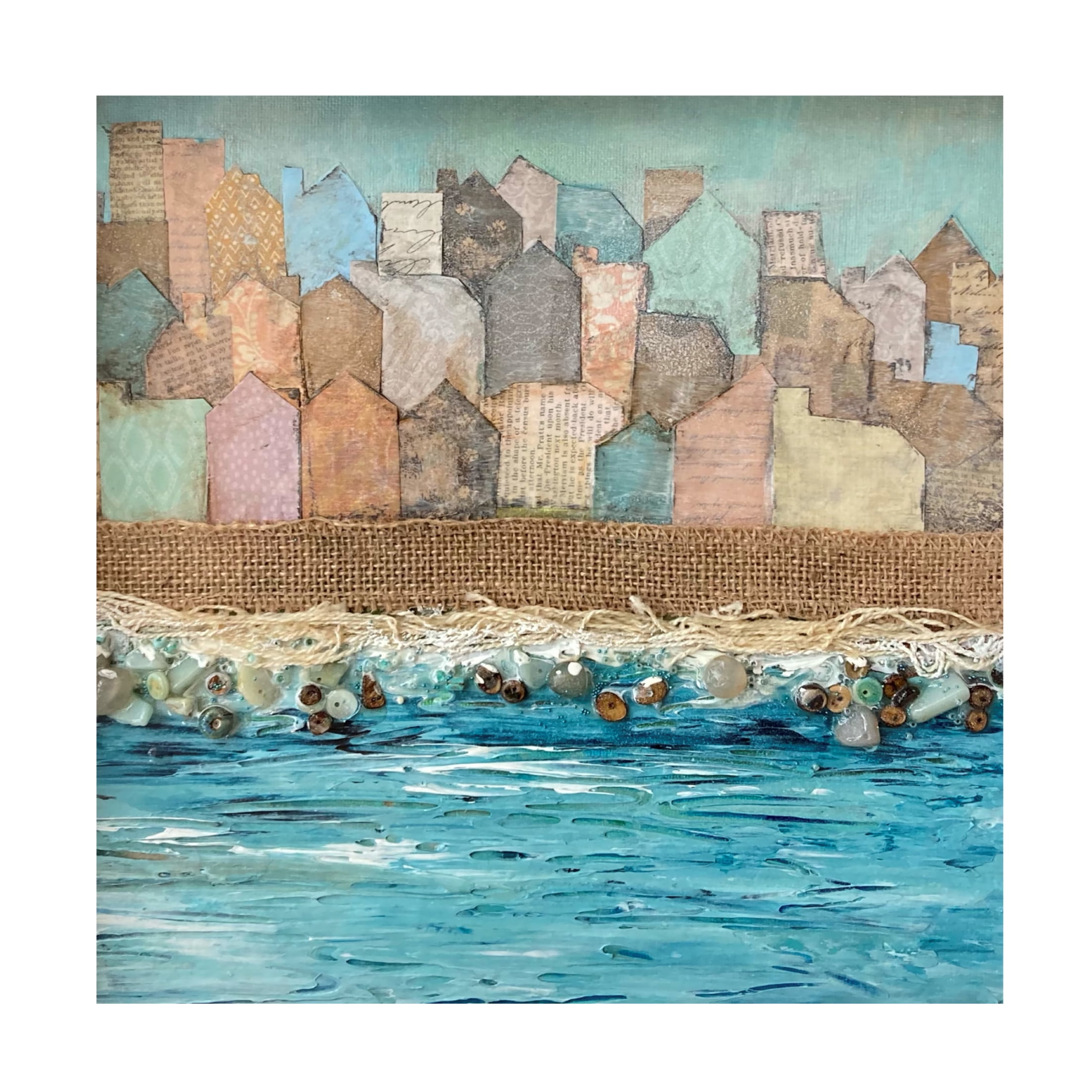 Canvas Wall Art - Christine Rotolo 'Mixed Media Houses On The Water' Wall Art for Living Room, Bedroom, or Office Décor by Trademark Fine Art - 18 x 18 Inches