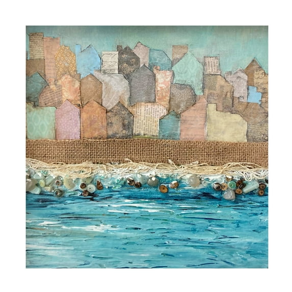 Canvas Wall Art - Christine Rotolo 'Mixed Media Houses On The Water' Wall Art for Living Room, Bedroom, or Office Décor by Trademark Fine Art - 18 x 18 Inches