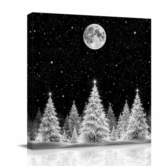 Canvas Wall Art, Christmas Black Framed Canvas Prints for Bathroom Desk, Xmas Tree Winter Forest Moon Night Modern Small Gallery Wrapped Wall Decor for Home Office, Gifts, 8"x8" Ship Next Day