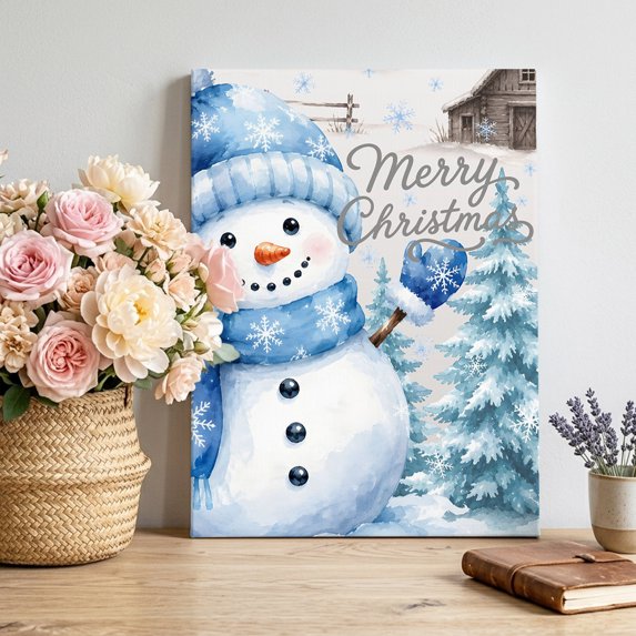 Canvas Wall Art, Christmas Blue Snowman Framed Canvas Prints for Bedroom Living Room, Winter Snowflakes Rustic Xmas Trees Gallery Wrapped Wall Decor for Home Office, Gifts, 12"x18" Ship Next Day