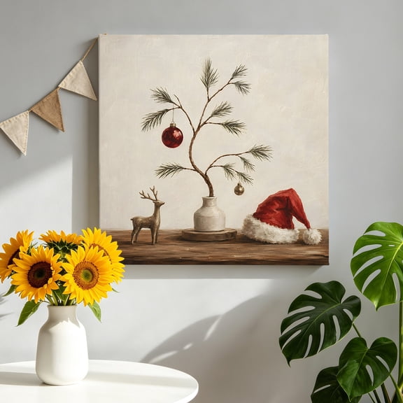 Canvas Wall Art Christmas Canvas Art Print Rustic Red Bauble Ornament Pine Twig Red Santa Hat Pictures Wall Decor for Living Room Bedroom Artwork Decorations Stretched Framed Ready to Hang 8"x8"