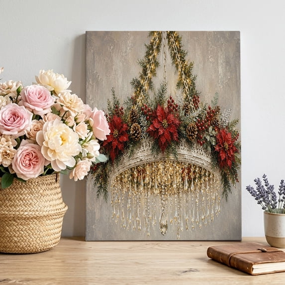 Canvas Wall Art Christmas Canvas Art Print Vintage Crystal Chandelier Red Poinsettia Holly Berry Pictures Wall Decor for Living Room Bedroom Artwork Decorations Stretched Framed Ready to Hang 12"x18"