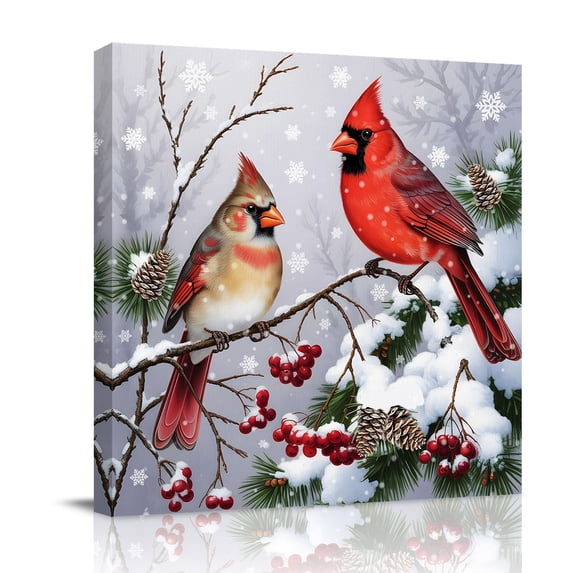 Canvas Wall Art, Christmas Cardinal Framed Canvas Prints for Bathroom Kitchen, Winter Farmhouse Red Bird Berry Needle Gallery Wrapped Wall Decor for Home Office, Gifts, 10"x10" Ship Next Day