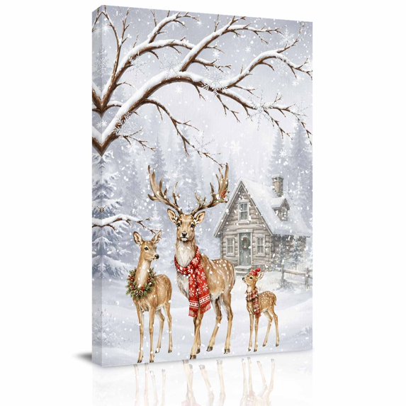 Canvas Wall Art, Christmas Deer Framed Canvas Prints for Bathroom Hallway, Winter Snowflakes Xmas Tree Forest Cabin Small Gallery Wrapped Wall Decor for Home Office, Gifts, 8"x10" Ship Next Day