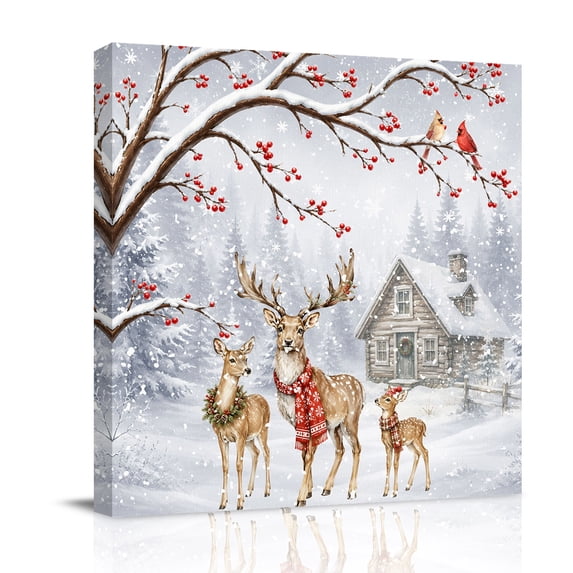 Canvas Wall Art, Christmas Deer Framed Canvas Prints for Living Room Bathroom, Snowflakes Xmas Branch Cardinal Birds Berries Gallery Wrapped Wall Decor for Home Office, Gifts, 12"x12" Ship Next Day