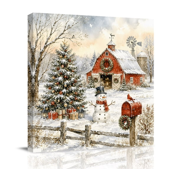 Canvas Wall Art, Christmas Farm Framed Canvas Prints for Living Room Bathroom, Xmas Tree Snowman Barn Winter Country Gallery Wrapped Wall Decor for Home Office, Gifts, 12"x12" Ship Next Day