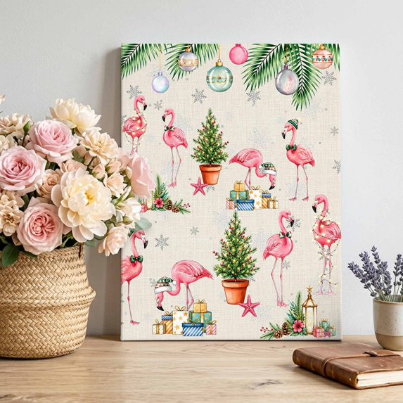Canvas Wall Art, Christmas Flamingo Framed Canvas Prints for Bedroom Living Room, Winter Tropical Plants Snowflakes Beige Gallery Wrapped Wall Decor for Home Office, Gifts, 12"x18" Ship Next Day