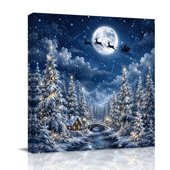 Canvas Wall Art, Christmas Forest Framed Canvas Prints for Living Room Bathroom, Xmas Deer Santa Claus Navy Blue Moon Night Gallery Wrapped Wall Decor for Home Office, Gifts, 12"x12" Ship Next Day