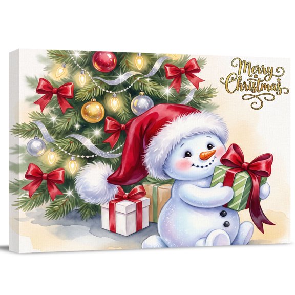 Canvas Wall Art, Christmas Framed Artwork for Living Room, Xmas Pine Tree Cartoon Snowman Playful Gallery Wrapped Canvas Prints Art Ready to Hang Wall Decor for Bathroom Hallway, 10"x8"