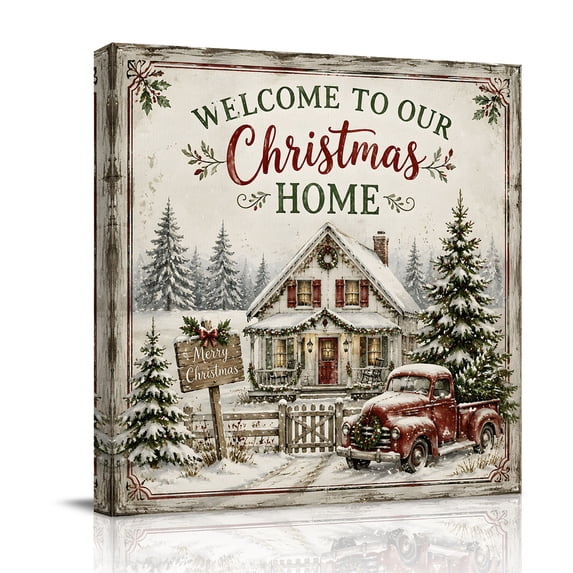Canvas Wall Art, Christmas Framed Canvas Prints for Bathroom Desk, Farmhouse Truck Winter Xmas Pine Tree Forest Rustic Small Gallery Wrapped Wall Decor for Home Office, Gifts, 8"x8" Ship Next Day
