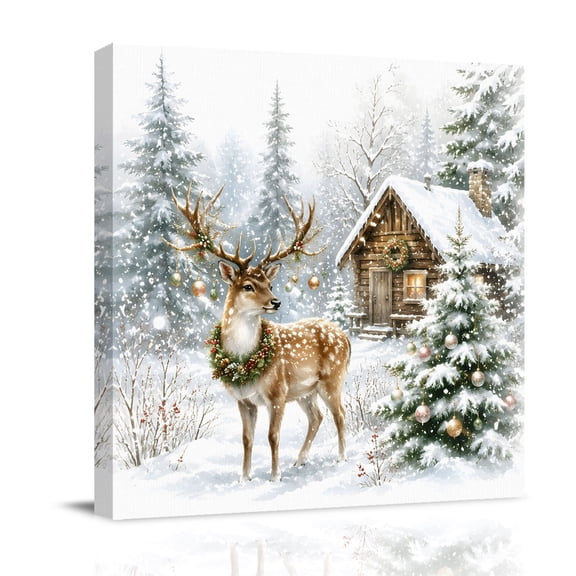 Canvas Wall Art, Christmas Framed Canvas Prints for Bathroom Desk, Rustic Farmhouse Elk Pine Trees Snowy Winter Small Gallery Wrapped Wall Decor for Home Office, Gifts, 8"x8" Ship Next Day