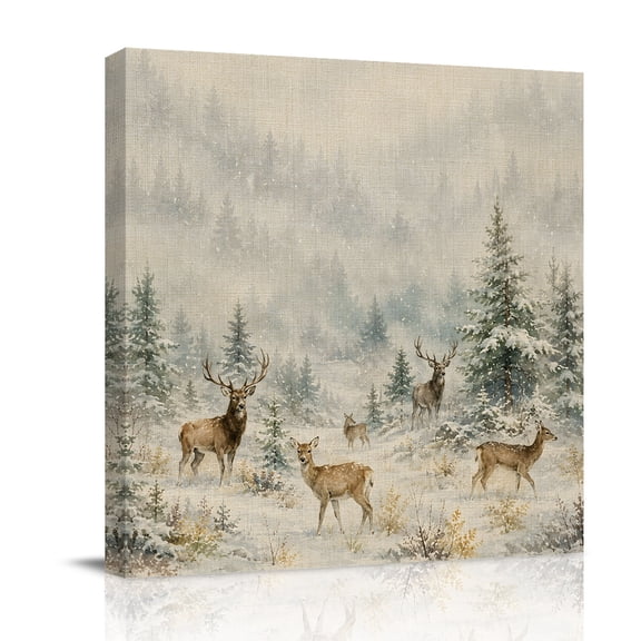 Canvas Wall Art, Christmas Framed Canvas Prints for Bathroom Desk, Winter Elks Pine Forest Snowflake Xmas Small Gallery Wrapped Wall Decor for Home Office, Gifts, 8"x8" Ship Next Day