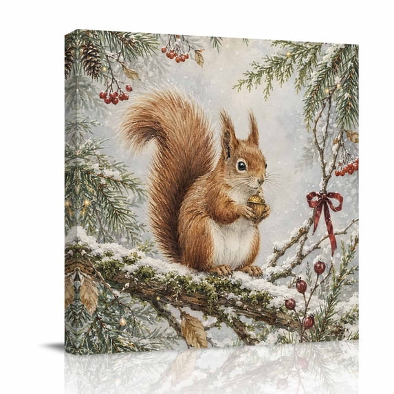 Canvas Wall Art, Christmas Framed Canvas Prints for Bathroom Kitchen, Winter Forest Squirrel Pine Trees Snowy Berry Xmas Gallery Wrapped Wall Decor for Home Office, Gifts, 10"x10" Ship Next Day