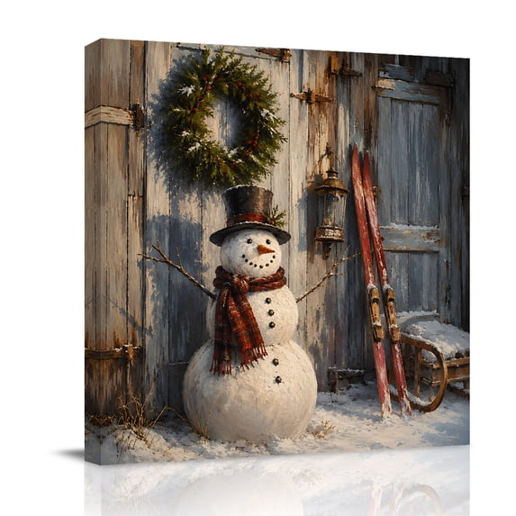 Canvas Wall Art, Christmas Framed Canvas Prints for Living Room Bathroom, Barn Snowman Xmas Wreath Wooden Farmhouse Gallery Wrapped Wall Decor for Home Office, Gifts, 12"x12" Ship Next Day