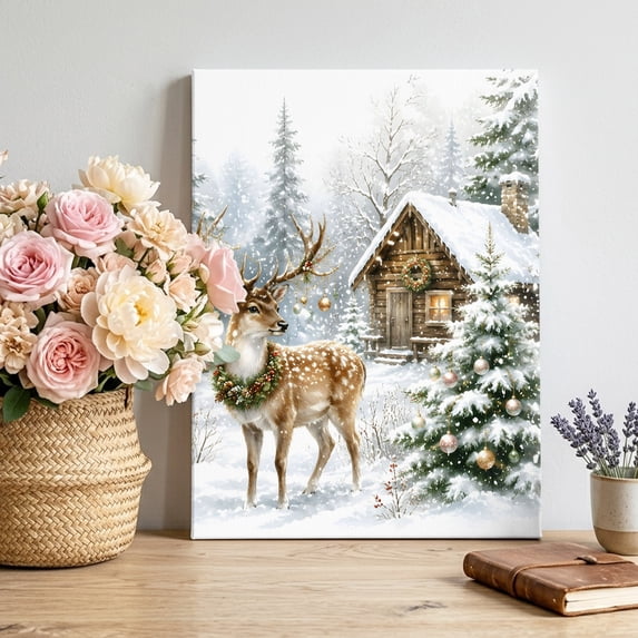 Canvas Wall Art, Christmas Framed Canvas Prints for Living Room Bedroom, Rustic Farmhouse Elk Pine Trees Snowy Winter Gallery Wrapped Wall Decor for Home Office, Gifts, 12"x16" Ship Next Day
