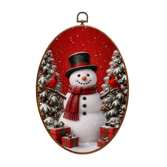 Canvas Wall Art Christmas Merry Xmas Snowman Winter Holiday New Year Eve Top Hat Red Oval Framed Canvas Prints Vintage Wall Hanging Decor for Home Decorations 8.6"x11.4"