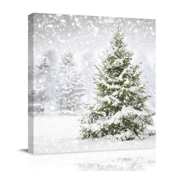 Canvas Wall Art, Christmas Pine Tree Framed Canvas Prints for Living Room Bathroom, Winter Snowflakes Forest Snowfall Gallery Wrapped Wall Decor for Home Office, Gifts, 12"x12" Ship Next Day