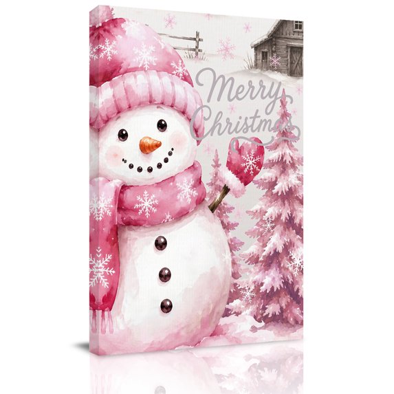 Canvas Wall Art, Christmas Pink Snowman Framed Canvas Prints for Bedroom Dining Room, Winter Snowflakes Rustic Xmas Trees Large Gallery Wrapped Wall Decor for Home Office, Gifts, 20"x24"