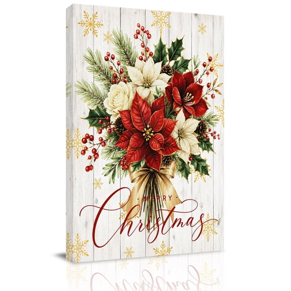 Canvas Wall Art, Christmas Poinsettia Framed Canvas Prints for Bedroom Dining Room, Xmas Winter Floral Snowflake Wooden Large Gallery Wrapped Wall Decor for Home Office, Gifts, 20"x24" Ship Next Day