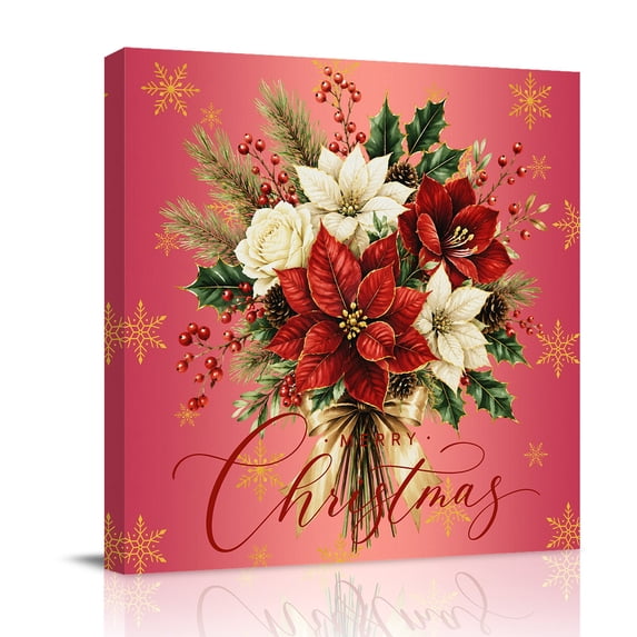 Canvas Wall Art, Christmas Poinsettia Framed Canvas Prints for Living Room Bathroom, Xmas Winter Floral Snowflake Red Ombre Gallery Wrapped Wall Decor for Home Office, Gifts, 12"x12" Ship Next Day
