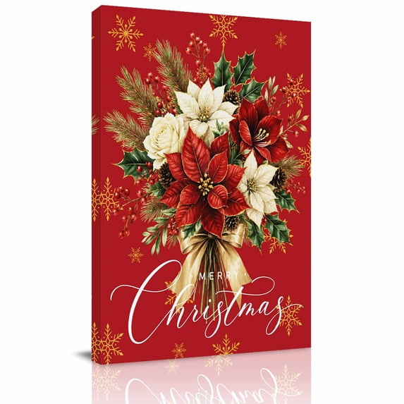 Canvas Wall Art, Christmas Poinsettia Framed Canvas Prints for Living Room Dining Room, Xmas Winter Floral Snowflake Red Extra Large Gallery Wrapped Wall Decor for Home Office, Gifts, 22"x28"