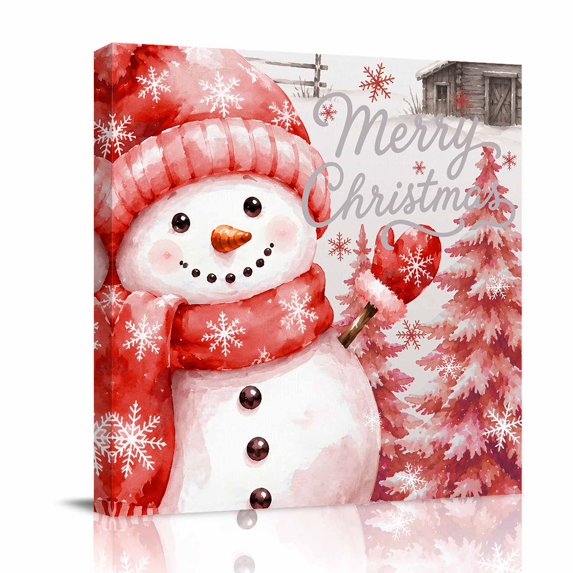 Canvas Wall Art, Christmas Red Snowman Framed Canvas Prints for Bathroom Desk, Winter Snowflakes Rustic Xmas Trees Small Gallery Wrapped Wall Decor for Home Office, Gifts, 8"x8" Ship Next Day