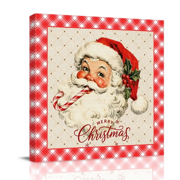 Canvas Wall Art, Christmas Santa Framed Canvas Prints for Bathroom Desk, Red Plaid Buffalo Snowflake Xmas Berry Small Gallery Wrapped Wall Decor for Home Office, Gifts, 8"x8" Ship Next Day