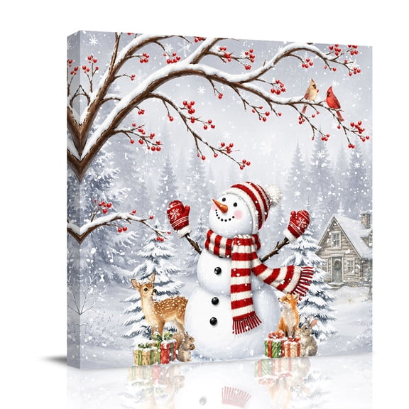 Canvas Wall Art, Christmas Snowman Framed Canvas Prints for Bathroom Desk, Snowflake Forest Xmas Cardinal Birds Berries Small Gallery Wrapped Wall Decor for Home Office, Gifts, 8"x8" Ship Next Day