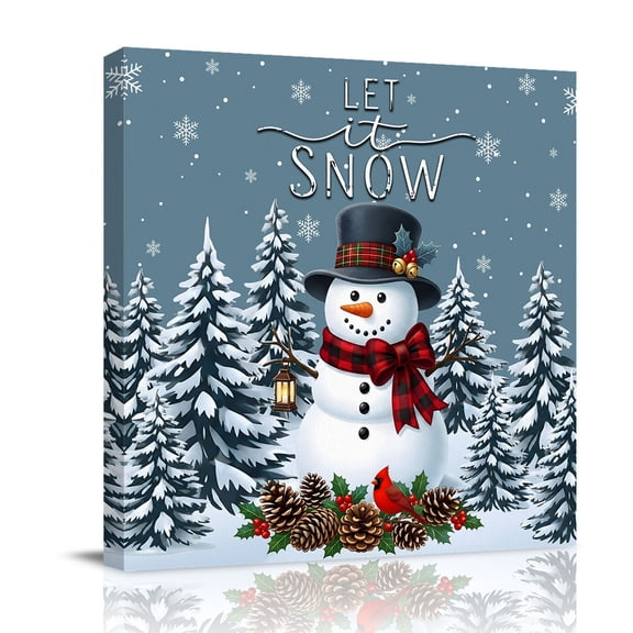 Canvas Wall Art, Christmas Snowman Framed Canvas Prints for Bathroom Desk, Xmas Pinecone Tree Snowflake Small Gallery Wrapped Wall Decor for Home Office, Gifts, 8"x8" Ship Next Day