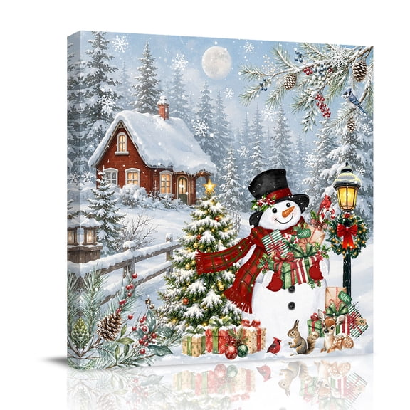 Canvas Wall Art, Christmas Snowman Framed Canvas Prints for Bathroom Desk, Xmas Tree Snowy Farmhouse Small Gallery Wrapped Wall Decor for Home Office, Gifts, 8"x8" Ship Next Day
