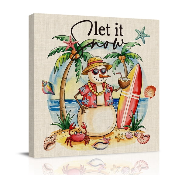 Canvas Wall Art, Christmas Snowman Framed Canvas Prints for Bedroom Office, Winter Coastal Beach Palm Tree on Linen Large Gallery Wrapped Wall Decor for Home Office, Gifts, 16"x16" Ship Next Day