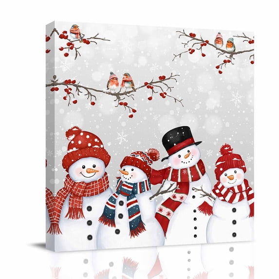 Canvas Wall Art, Christmas Snowman Framed Canvas Prints for Bedroom Office, Xmas Berry Snowflake Birds Large Gallery Wrapped Wall Decor for Home Office, Gifts, 16"x16" Ship Next Day