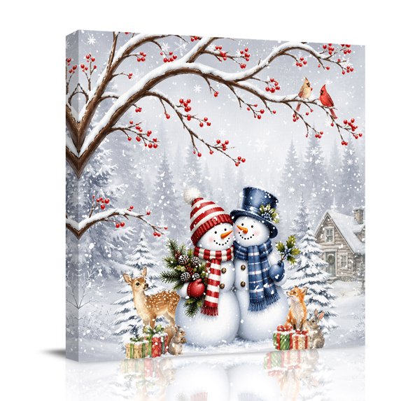 Canvas Wall Art, Christmas Snowman Framed Canvas Prints for Bedroom Office, Xmas Cardinal Birds Berries Snowy Forest Large Gallery Wrapped Wall Decor for Home Office, Gifts, 16"x16" Ship Next Day
