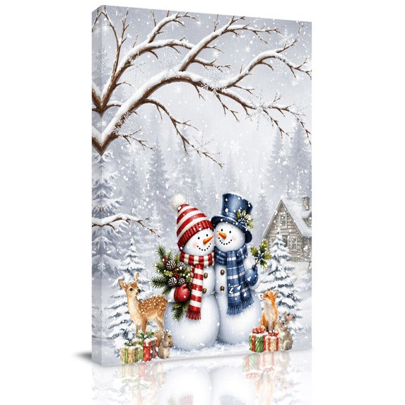Canvas Wall Art, Christmas Snowman Framed Canvas Prints for Kitchen Bedroom, Xmas Tree Forest Winter Snowflakes Branches Small Gallery Wrapped Wall Decor for Home Office, Gifts, 8"x12" Ship Next Day