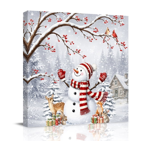 Canvas Wall Art, Christmas Snowman Framed Canvas Prints for Living Room Bathroom, Snowflake Forest Xmas Cardinal Birds Berries Gallery Wrapped Wall Decor for Home Office, Gifts, 12"x12" Ship Next Day