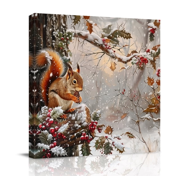 Canvas Wall Art, Christmas Squirrel Framed Canvas Prints for Bathroom Kitchen, Xmas Snowflake Berry Snowflake Gallery Wrapped Wall Decor for Home Office, Gifts, 10"x10" Ship Next Day