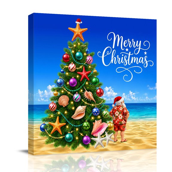 Canvas Wall Art, Christmas Tree Framed Canvas Prints for Bathroom Desk, Coastal Xmas Santa Claus Summer Beach Small Gallery Wrapped Wall Decor for Home Office, Gifts, 8"x8" Ship Next Day
