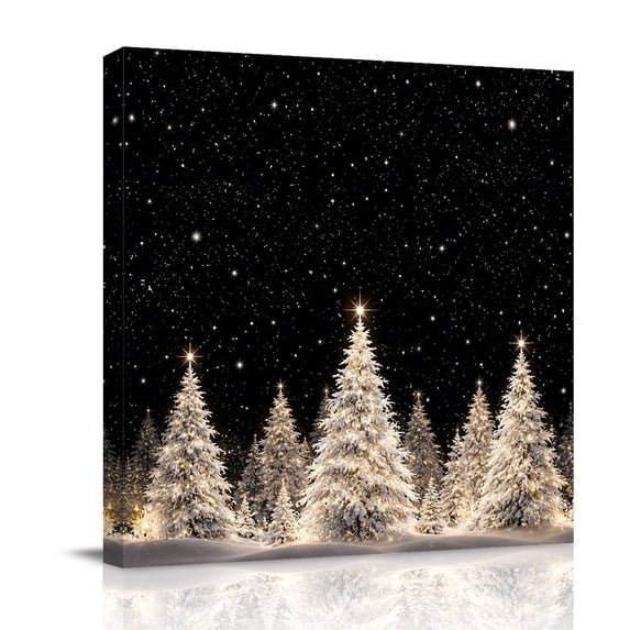 Canvas Wall Art, Christmas Tree Framed Canvas Prints for Bathroom Kitchen, Xmas Glitter Pine Trees Winter Forest Black Gallery Wrapped Wall Decor for Home Office, Gifts, 10"x10" Ship Next Day
