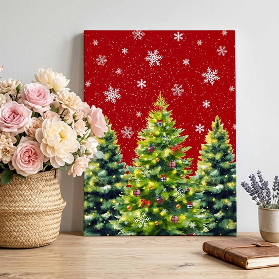 Canvas Wall Art, Christmas Tree Framed Canvas Prints for Bedroom Living Room, Red Green Winter Snowflake Gallery Wrapped Wall Decor for Home Office, Gifts, 12"x18" Ship Next Day