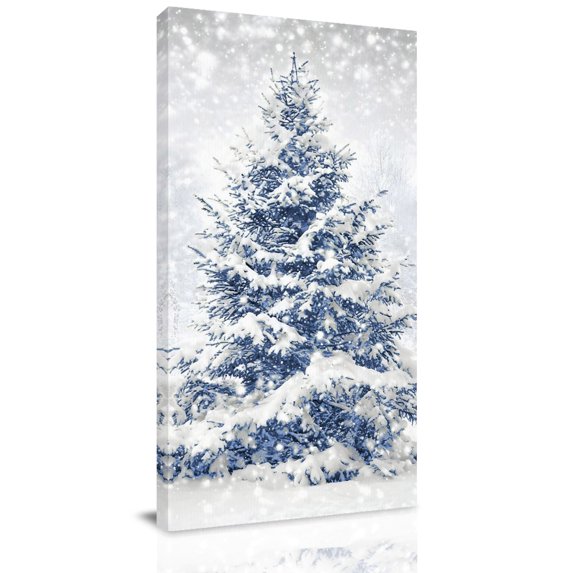 Canvas Wall Art, Christmas Tree Framed Canvas Prints for Living Room Hallway, Blue Tree Xmas Snowflake Winter Oversized Gallery Wrapped Wall Decor for Home Office, Gifts, 30"x60" Ship Next Day