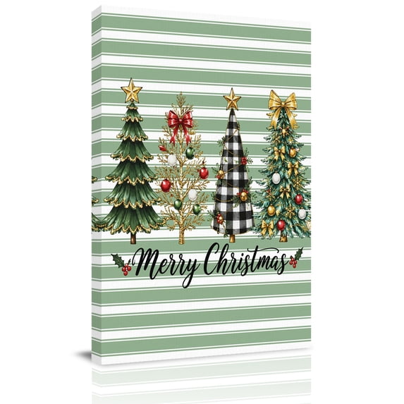 Canvas Wall Art, Christmas Trees Framed Canvas Prints for Kitchen Bedroom, Xmas Tree Balls Black Plaid Green Striped Small Gallery Wrapped Wall Decor for Home Office, Gifts, 8"x12" Ship Next Day