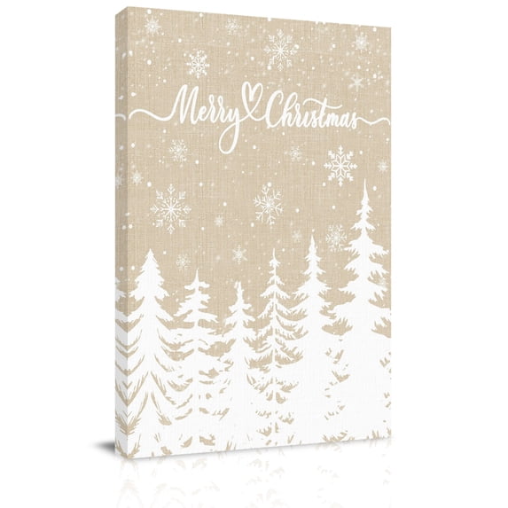 Canvas Wall Art, Christmas Trees Framed Canvas Prints for Living Room Office, Winter Xmas Snowflakes Pine Beige Brown Large Gallery Wrapped Wall Decor for Home Office, Gifts, 16"x24" Ship Next Day